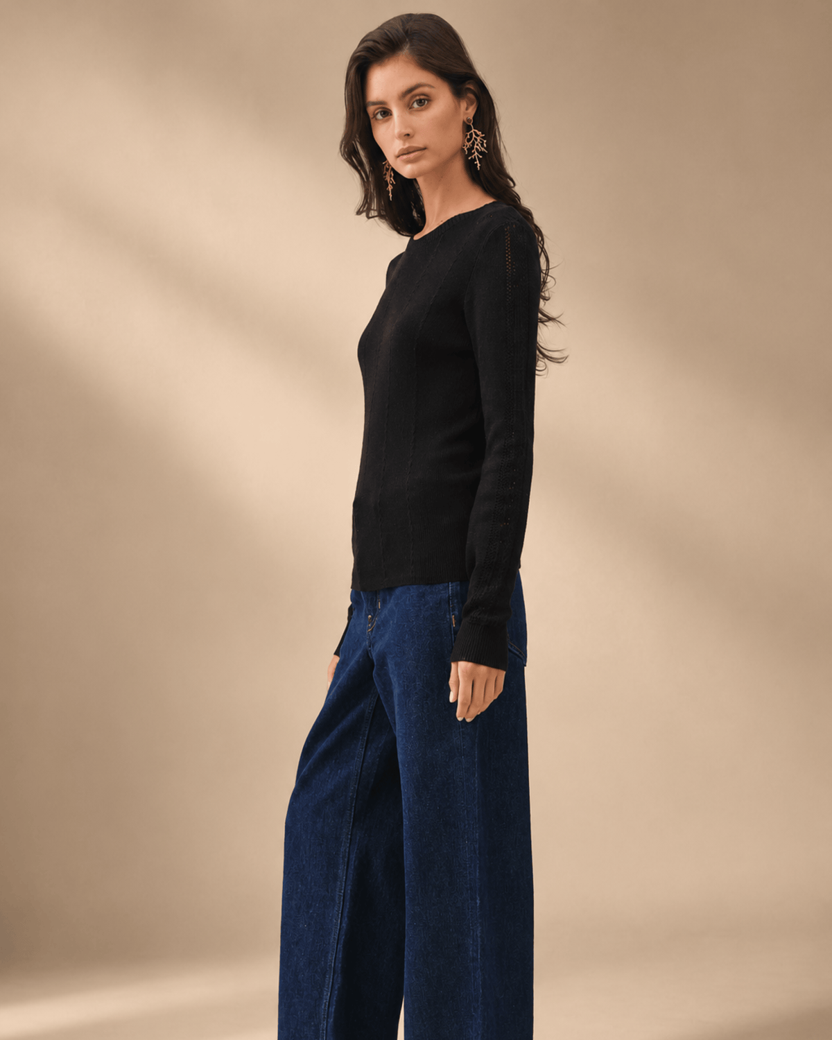 Crochet Sleeve Pointelle Fine Sweater