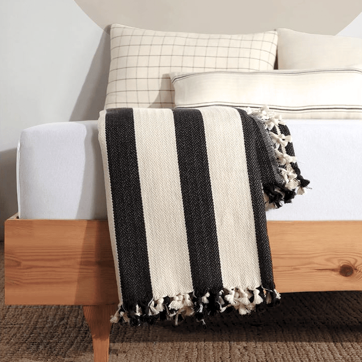 Minimalist 100% Cotton Throw Blankets & Bedspreads: Cream With Black Stripes / Throw Size: 51x79 inch