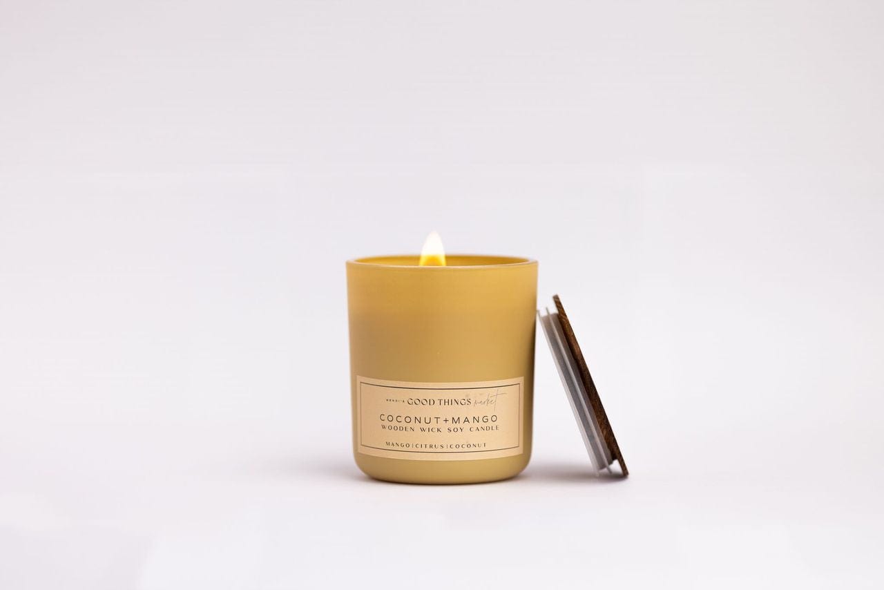 soy candle gift ideas, coconut and mango luxury scented soy candle